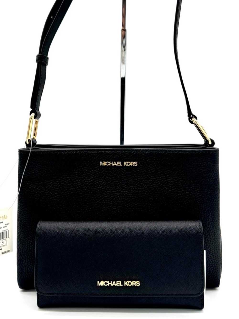 Michael Kors Trisha Medium Crossbody Bag w Matching Trifold Wallet Black/Gold